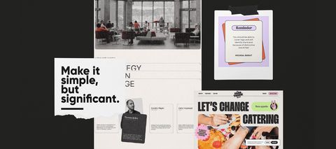 Mosaïque de supports aux couleurs de Double Quote, dont une affiche « Make it simple, but significant ».