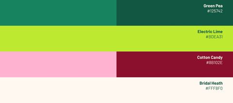 Palette de couleurs de Let's CONNECT : deux verts, un vert lime, un rose, un bordeaux et un blanc cassé.