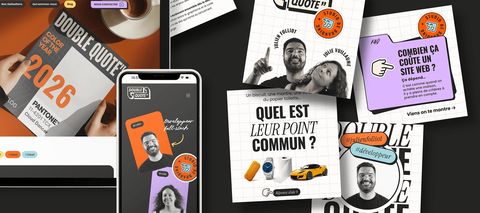 Mosaïque de supports Double Quote : calendrier 2026, affiches et autocollants.