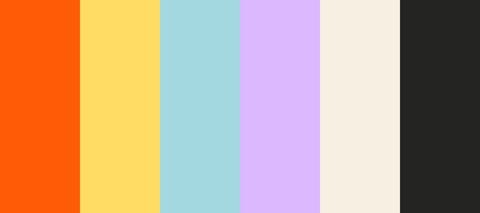 Palette de Double Quote : orange, jaune, bleu clair, lilas, blanc cassé et noir.